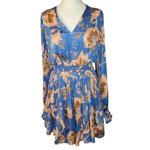 Omika Blue Floral Block Print Modal Mini Dress V-Neck Smocked Waist XS Handmade